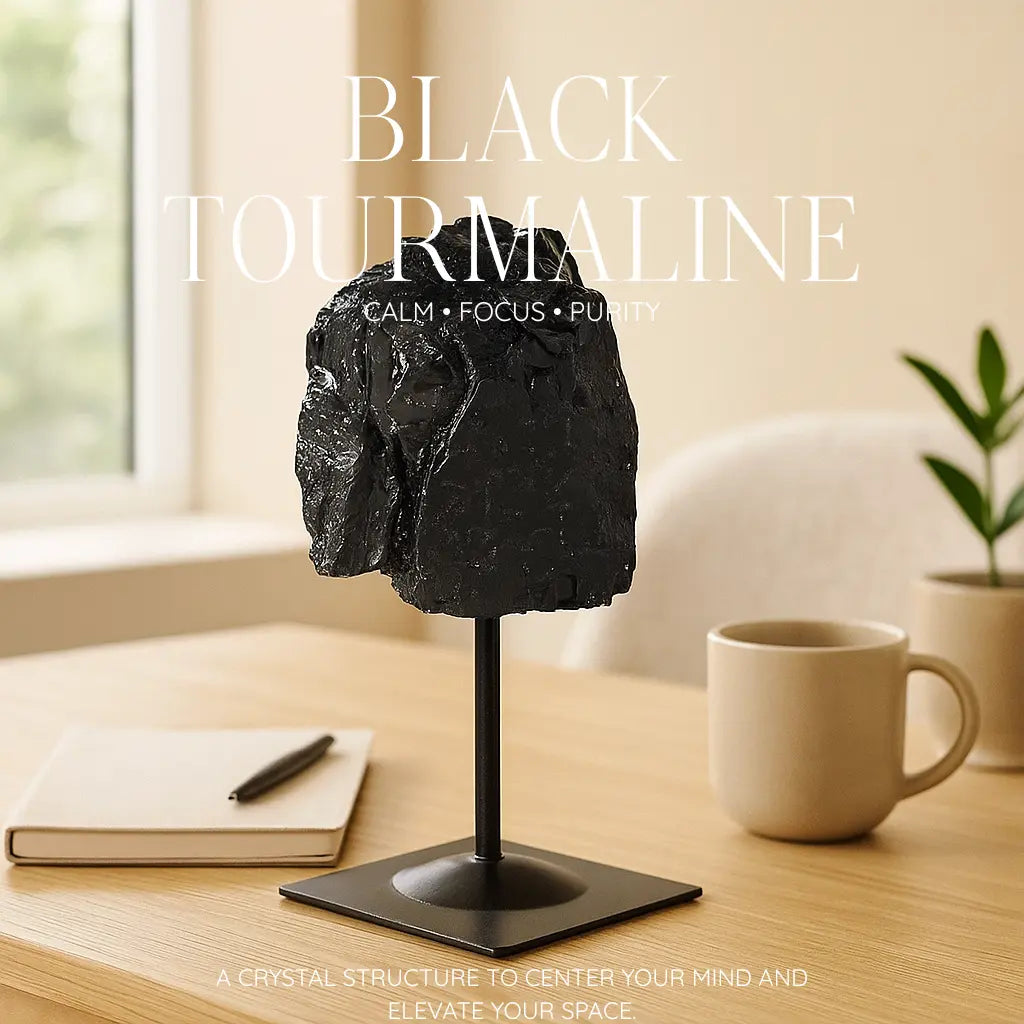 Rough Black Tourmaline with Metal Stand S Sylvia Crystals Sp. z o.o.