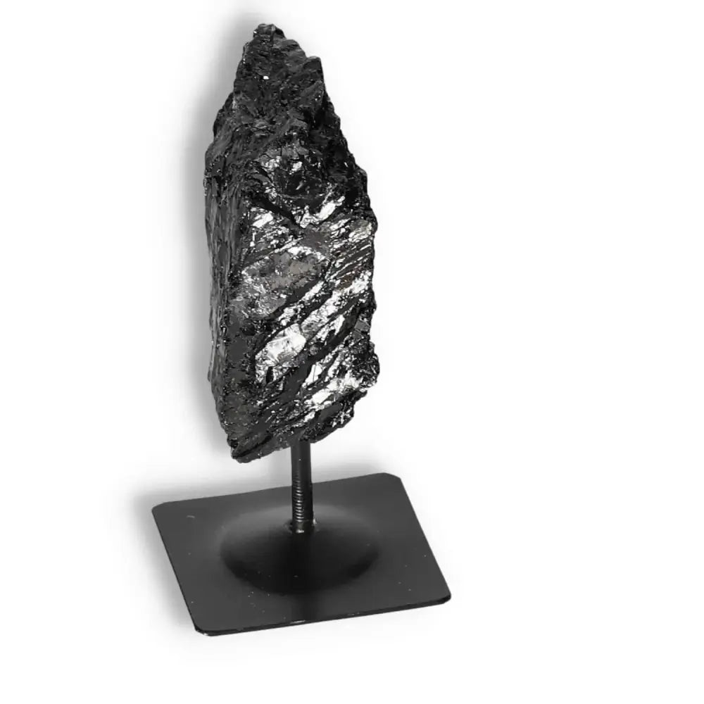 Rough Black Tourmaline with Metal Stand S by Sylvia Crystals, showcasing raw beauty and transformative energy for grounding and healing.