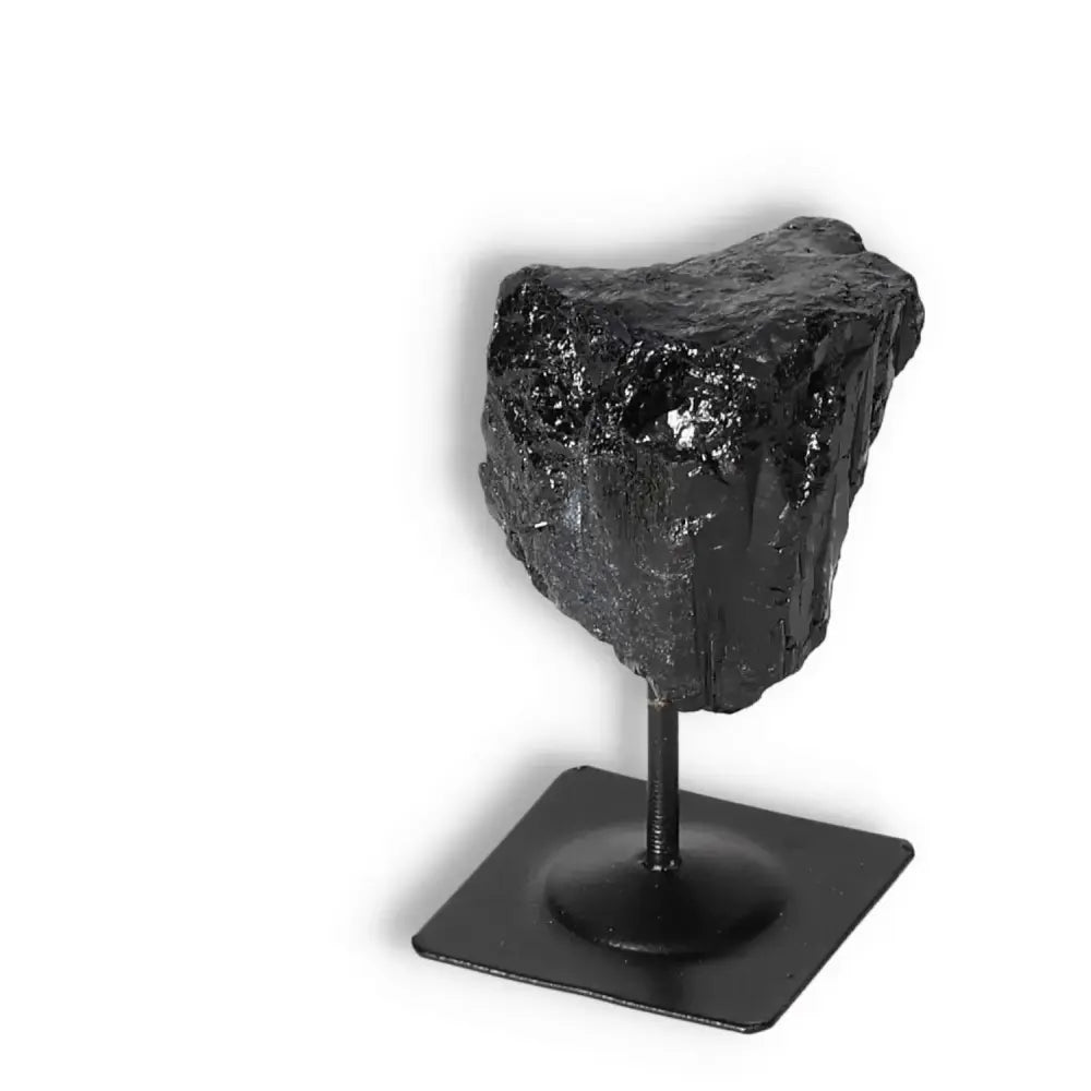 Rough Black Tourmaline with Metal Stand S by Sylvia Crystals, known for energy protection and transformation, premium quality.