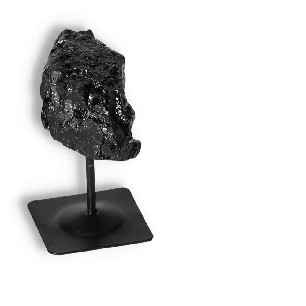 Rough Black Tourmaline on Metal Stand S by Sylvia Crystals, enhances space, transforms negative energies, premium quality crystal.