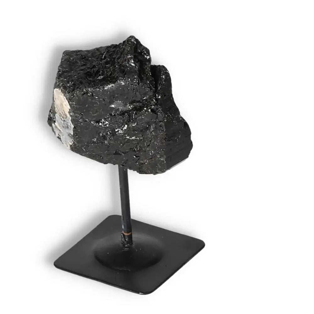 Rough Black Tourmaline with Metal Stand S by Sylvia Crystals, a natural luxury and spiritual tool for home decor.
