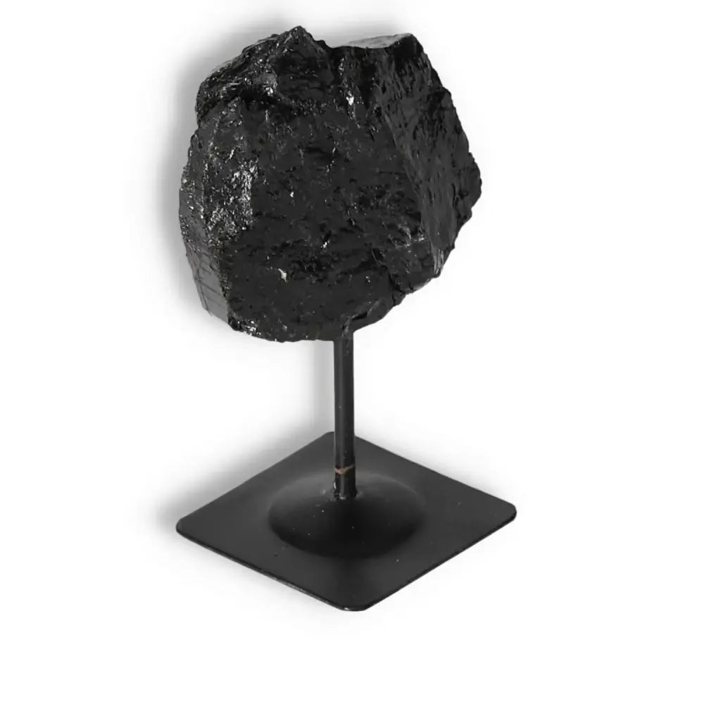 Rough Black Tourmaline with Metal Stand S from Sylvia Crystals, natural artistry and spiritual depth, luxury home decor.