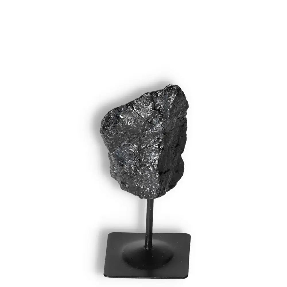 Rough Black Tourmaline on Metal Stand S, offering grounding energy, from Sylvia Crystals