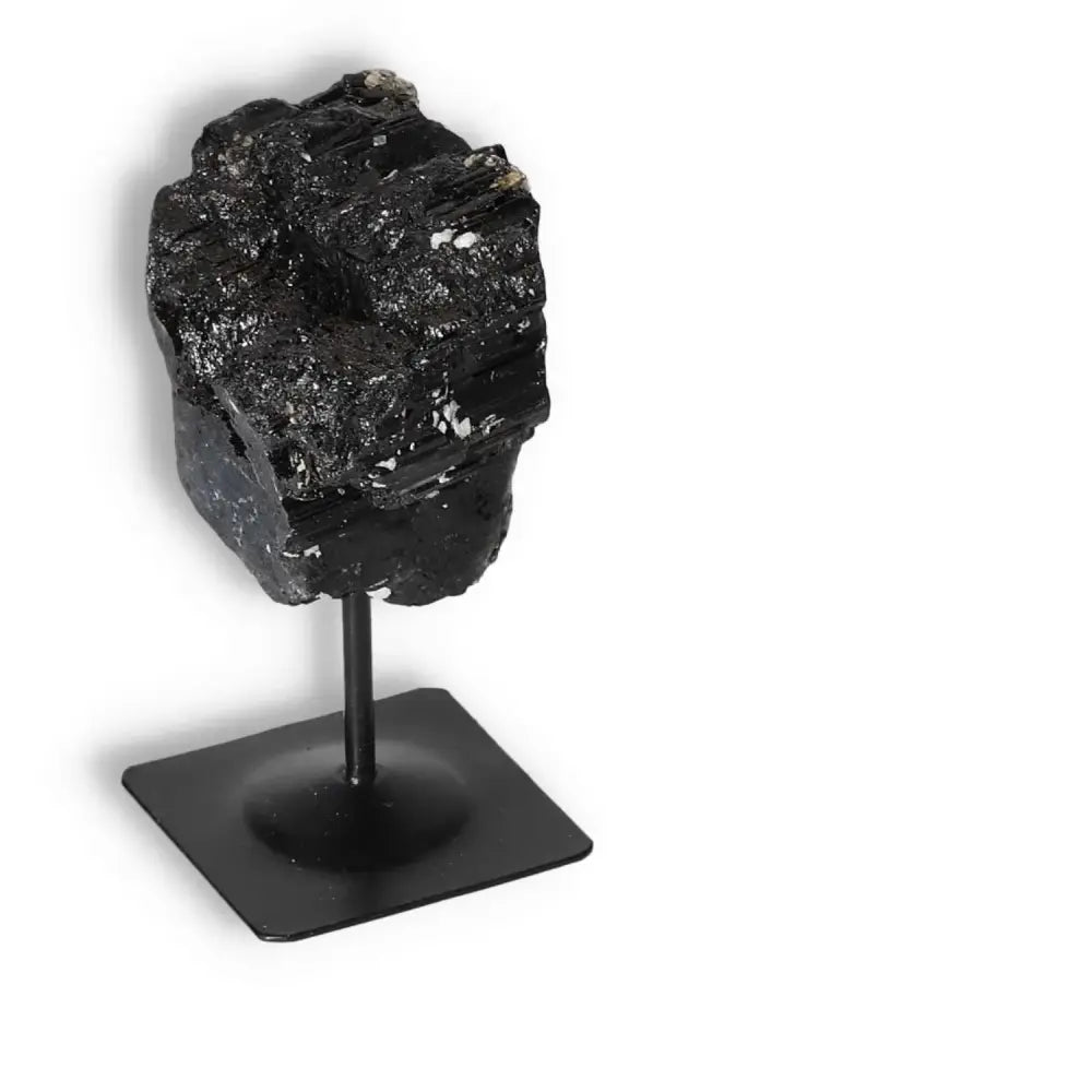 Rough Black Tourmaline with Metal Stand S for spiritual balance and energy transformation, from Sylvia Crystals