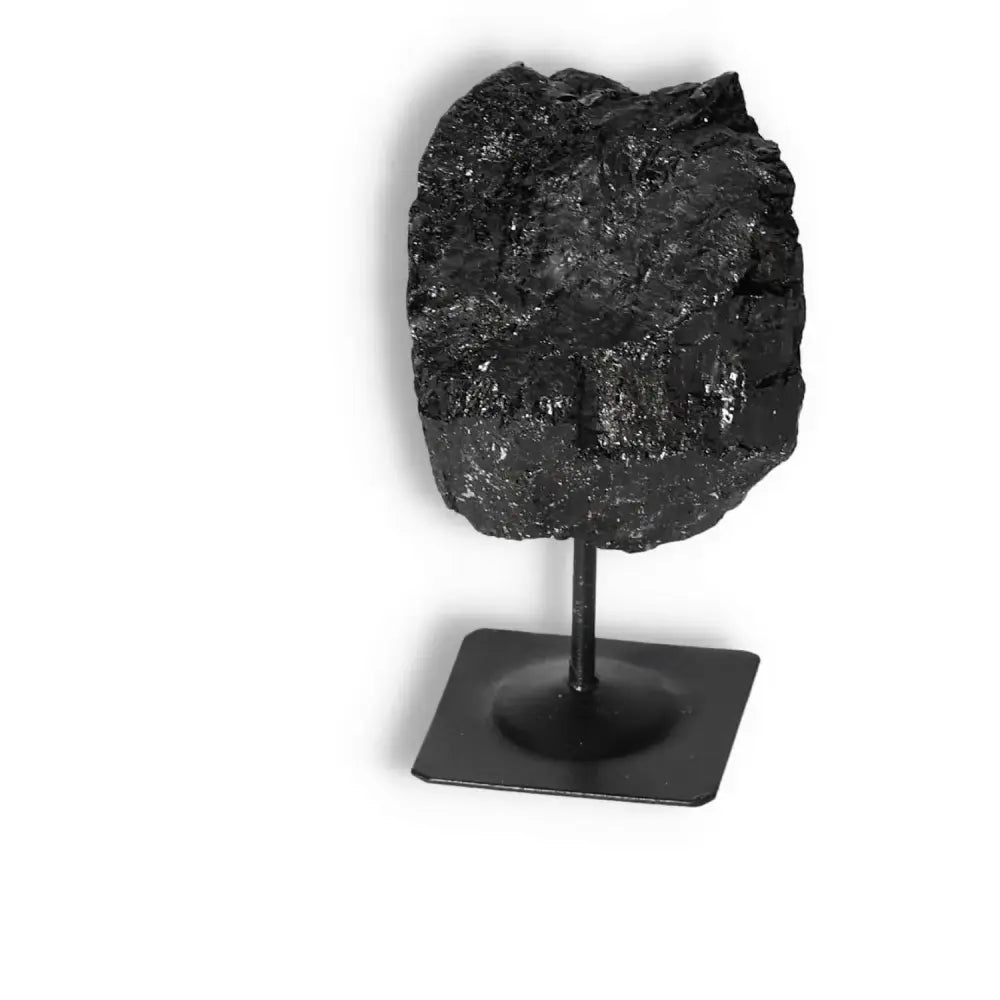 Rough Black Tourmaline on Metal Stand S by Sylvia Crystals for cleansing and grounding