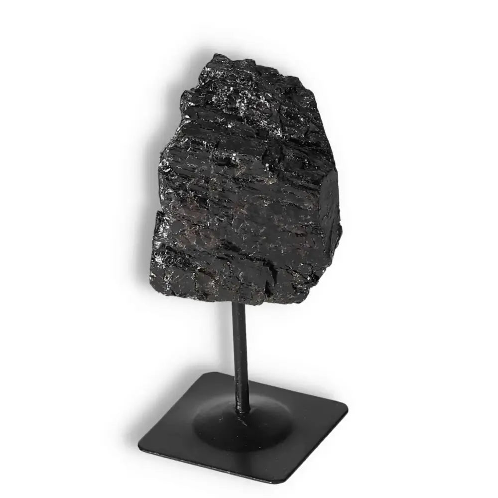 Rough Black Tourmaline on Metal Stand S by Sylvia Crystals for spiritual healing and energy cleansing, premium home decor.
