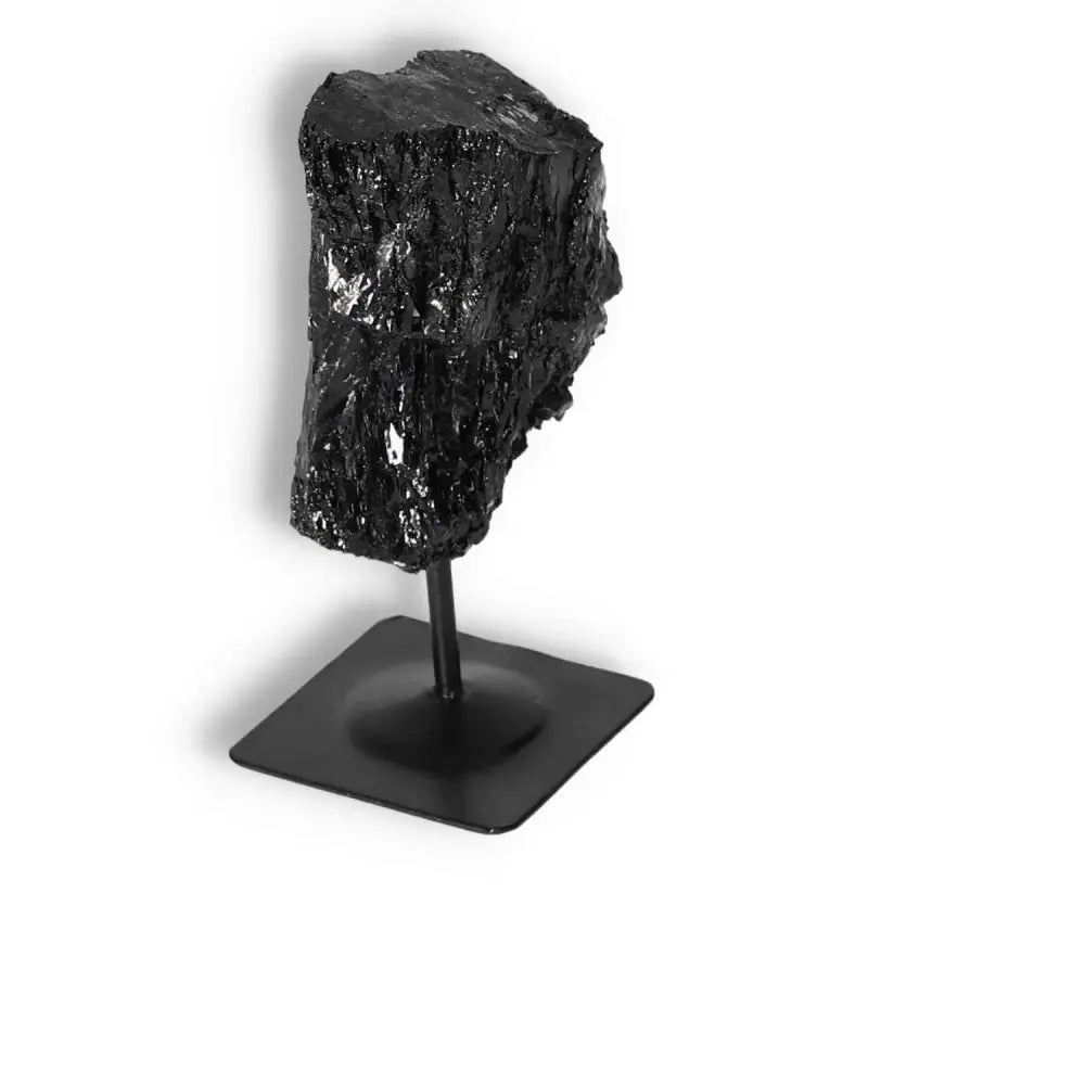 Rough Black Tourmaline with Metal Stand S by Sylvia Crystals, for grounding and dispelling negative energy.