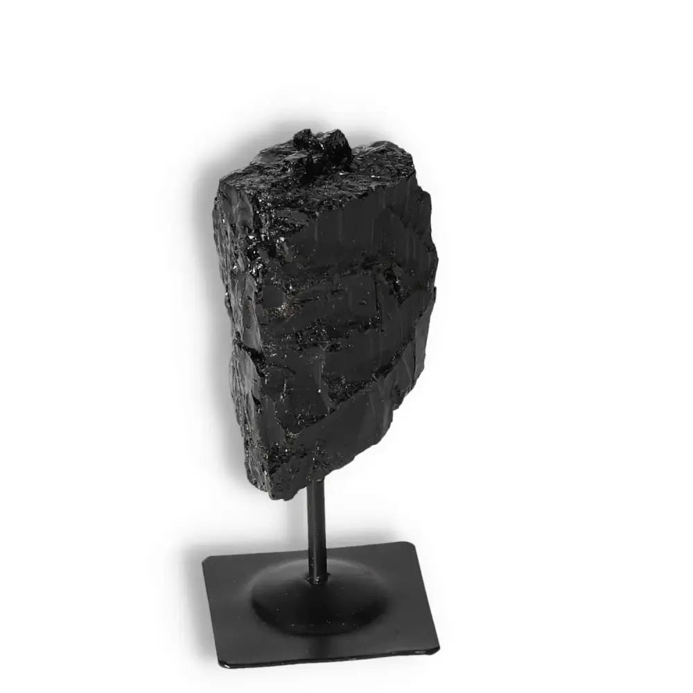 Rough Black Tourmaline on Metal Stand S by Sylvia Crystals for grounding and energy cleansing, supports root chakra.