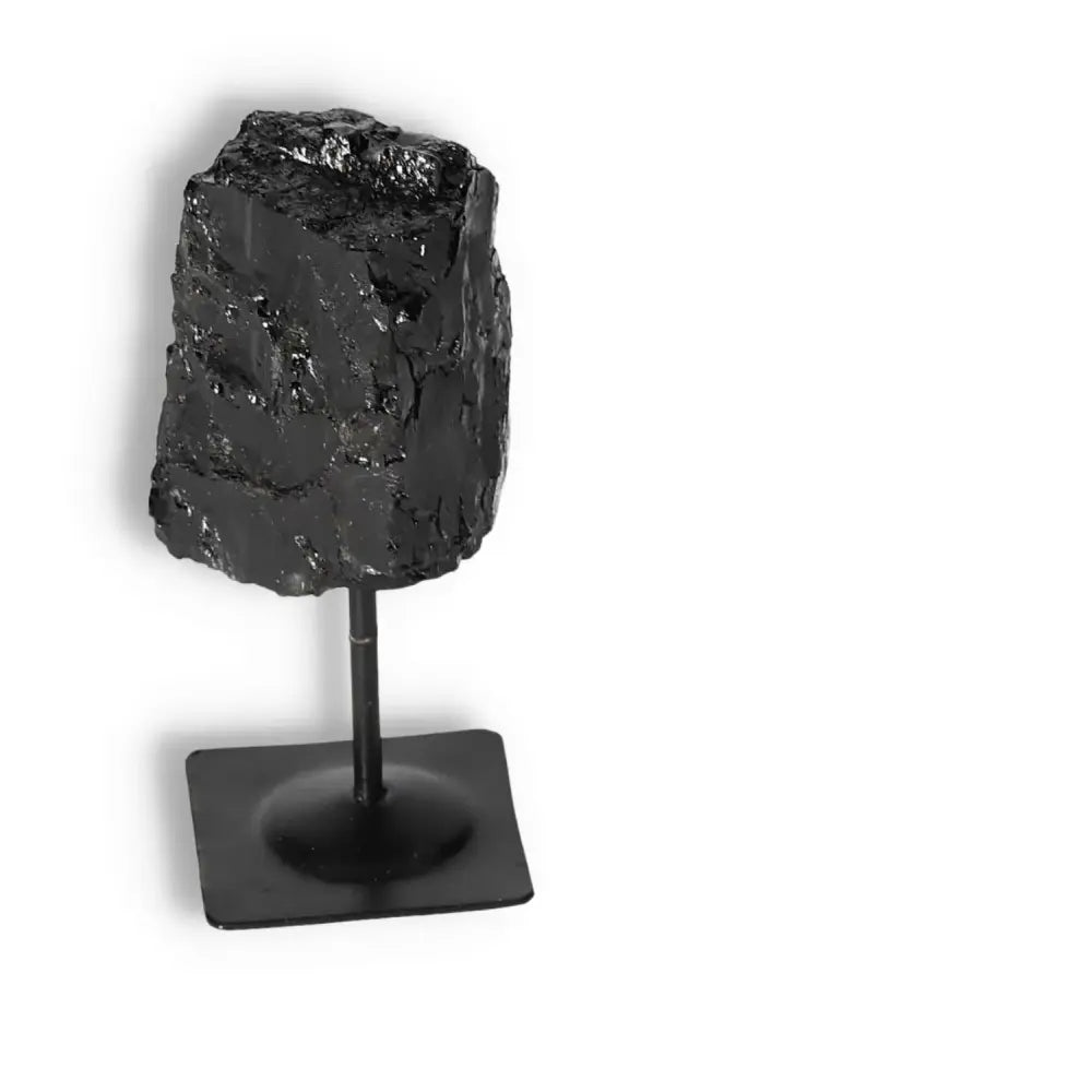 Rough Black Tourmaline with Metal Stand S, offering energy cleansing and grounding, part of the premium Sylvia Crystals collection.