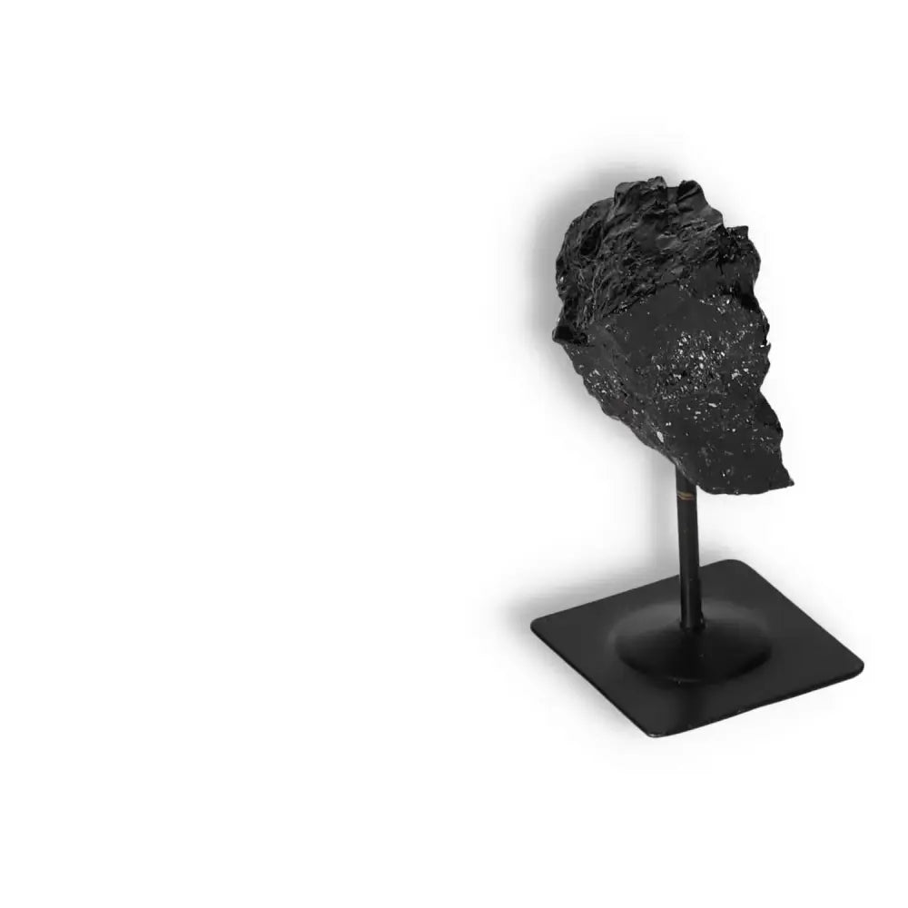 Rough Black Tourmaline on Metal Stand S, premium crystal by Sylvia Crystals, for cleansing, transformation, and concentration.