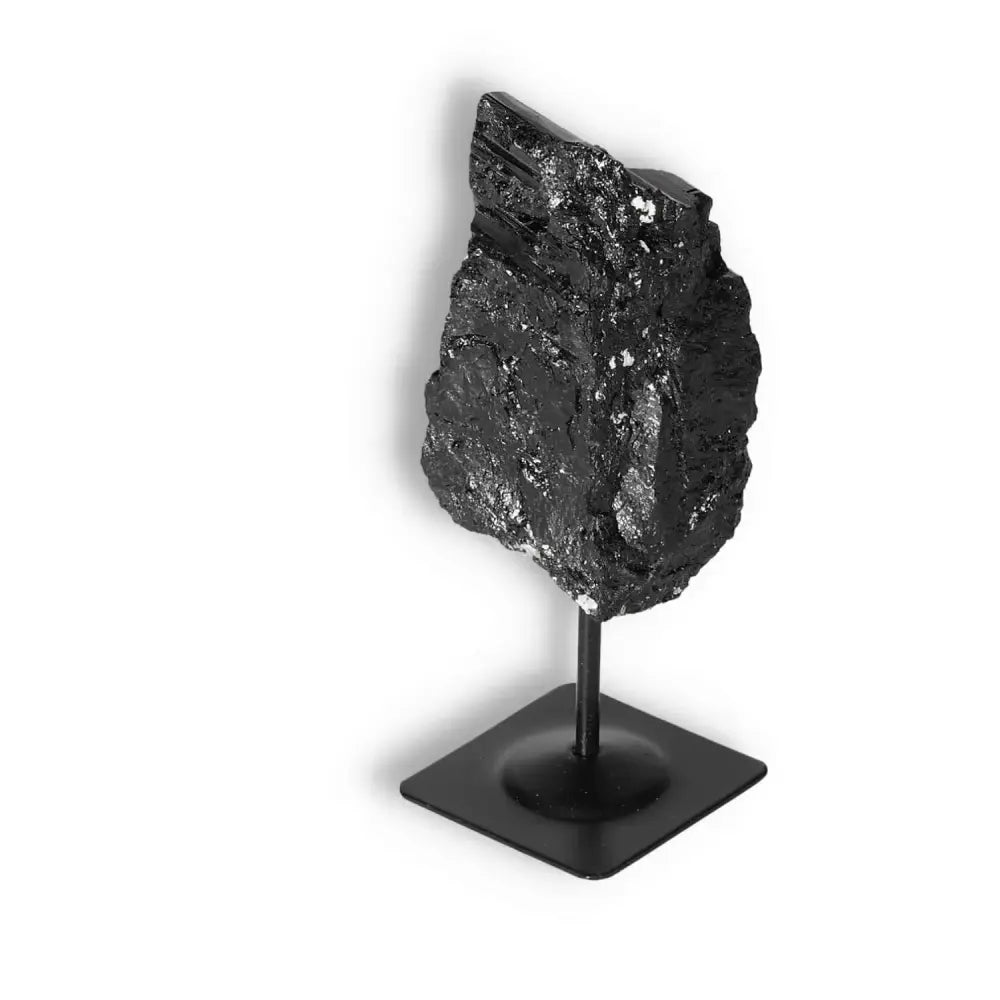 Rough Black Tourmaline with Metal Stand S by Sylvia Crystals, known for transforming negative energies, premium quality crystal.
