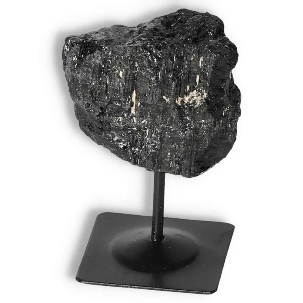 Rough Black Tourmaline on Metal Stand S for energy cleansing and grounding by Sylvia Crystals.