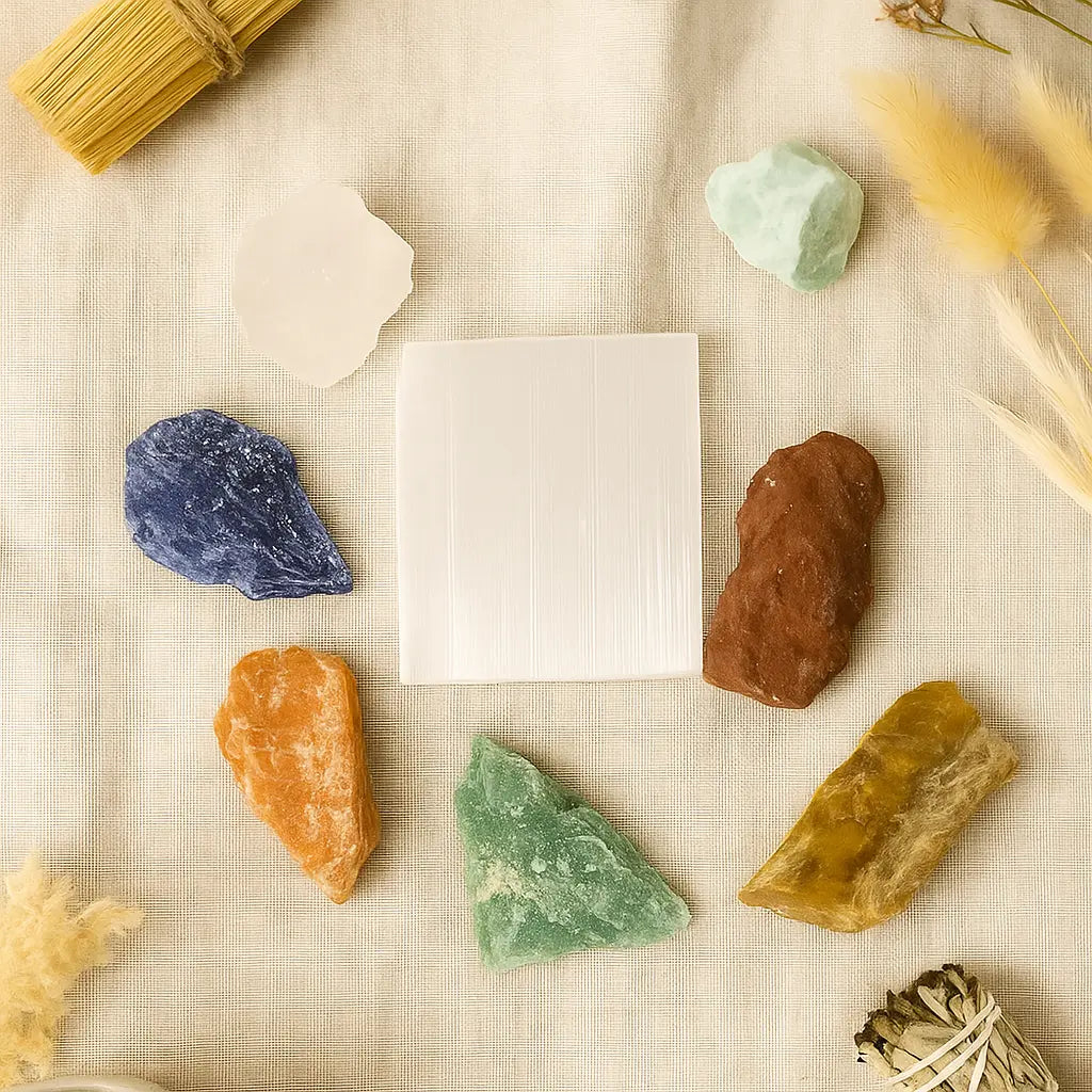 Rough Chakra Stones Size L: 7 Chakra Set with Selenite Charging Plate Sylvia Crystals Sp. z o.o.