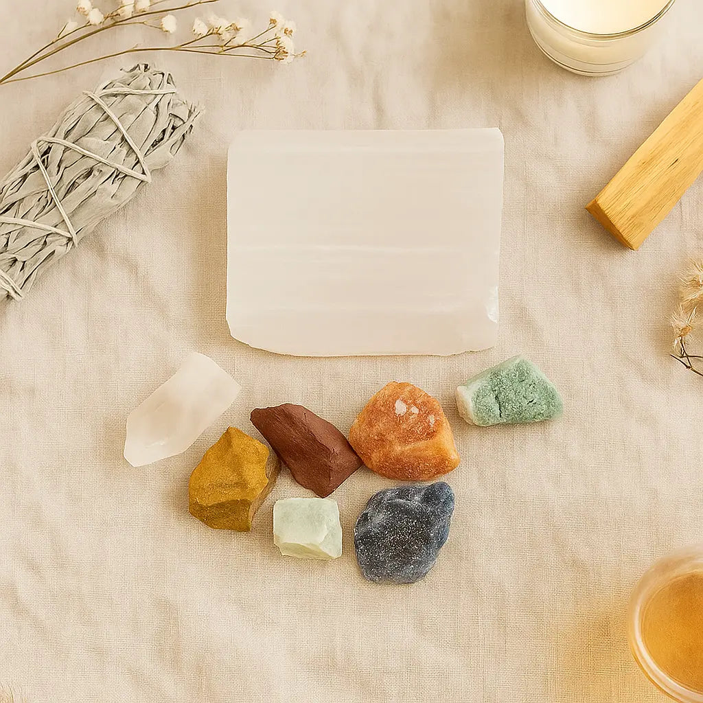 Rough Chakra Stones Size S: 7 Chakra Set with Selenite Charging Plate Sylvia Crystals Sp. z o.o.