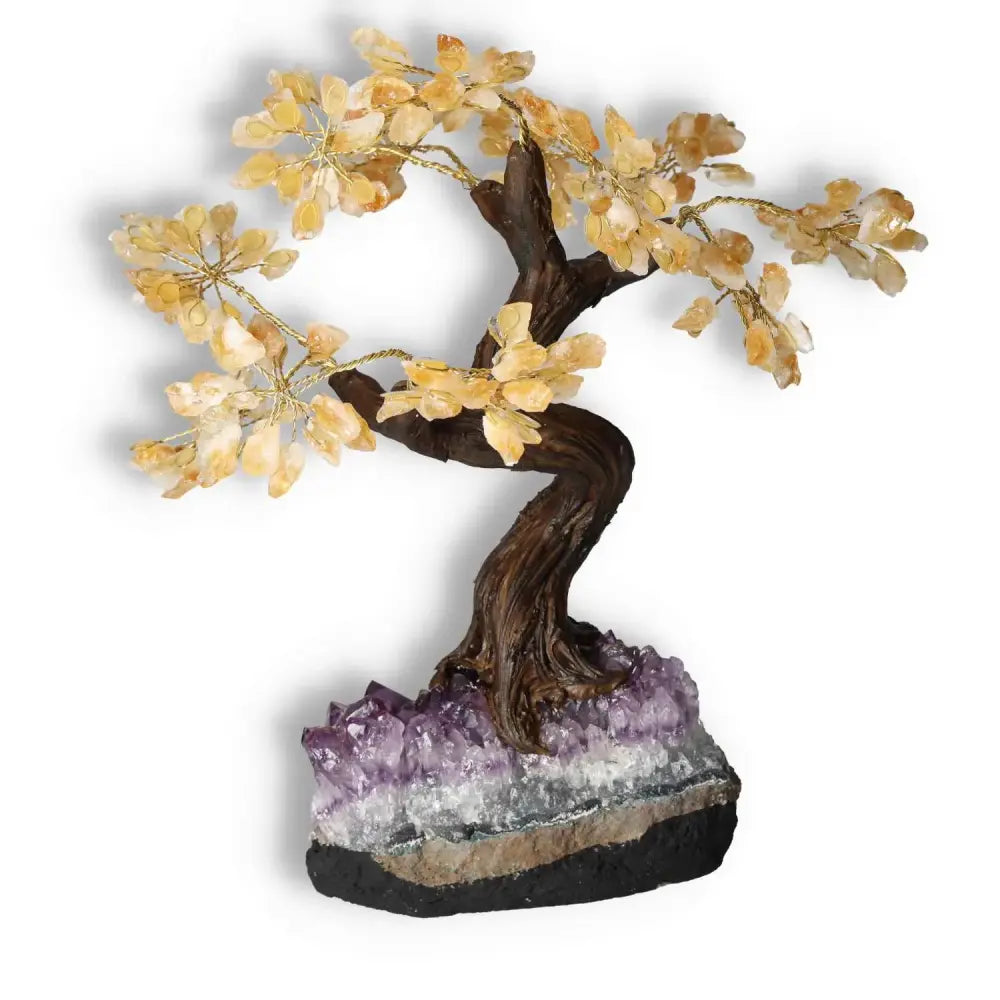 Handcrafted Citrine Crystal Bonsai Tree on black base, emits warmth and positivity, enhancing prosperity and abundance at home.