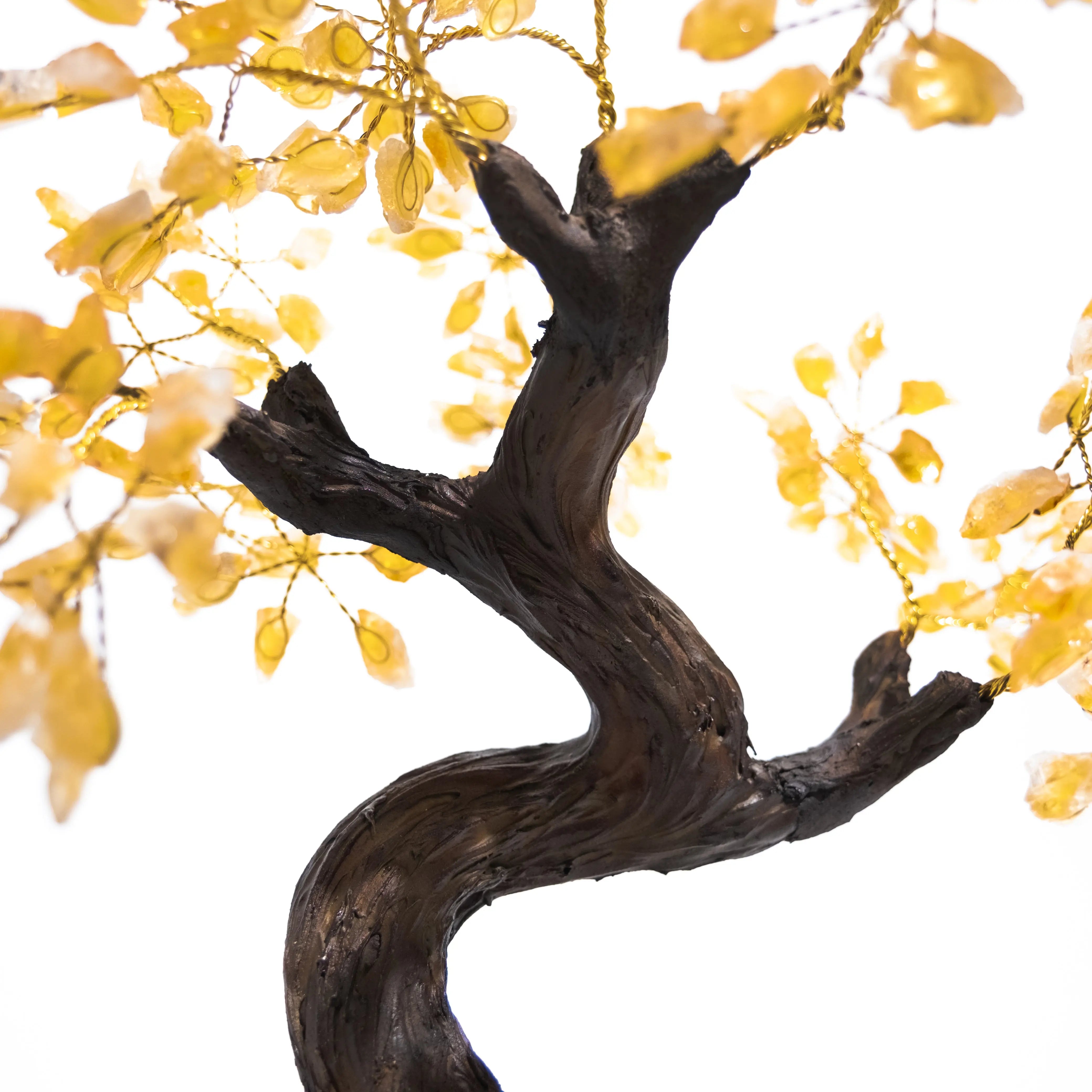 Close-up of a Rough Citrine Crystal Bonsai Tree, showcasing genuine yellow citrine gemstones for prosperity and positive energy.