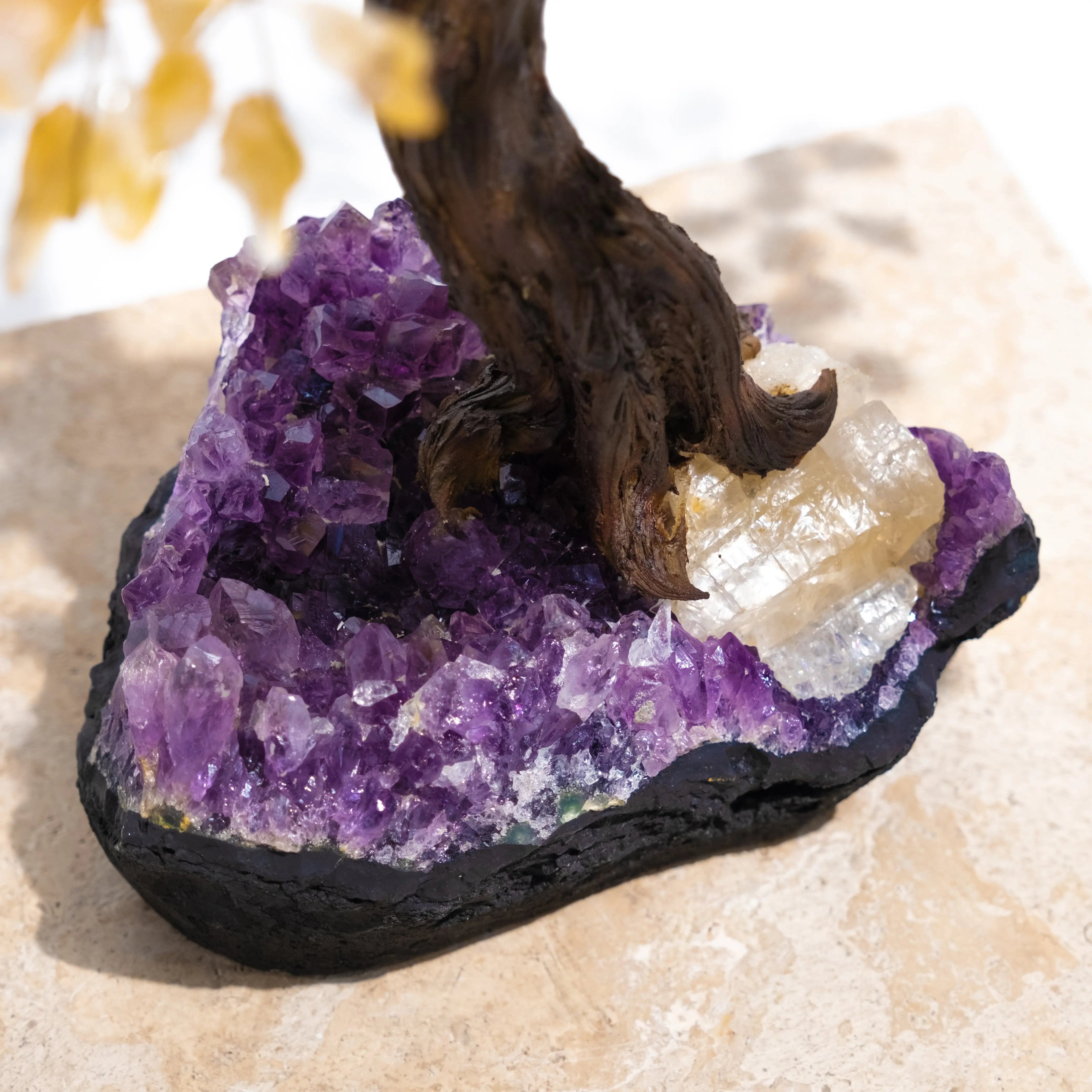 Close-up of a Rough Citrine Tree with vibrant amethyst and citrine crystals, symbolizing prosperity and positive energy, on a stone base.