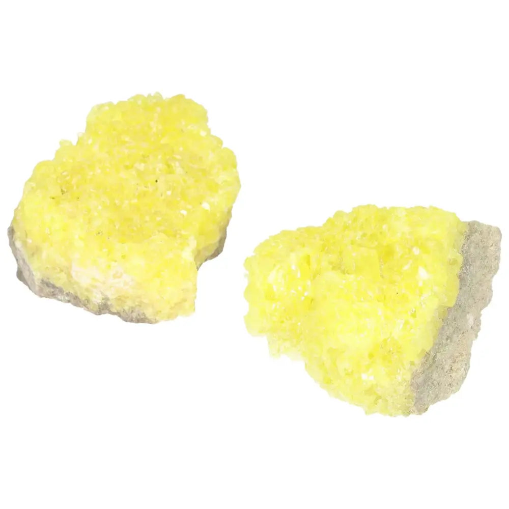 Rough Sulphur Druze L gemstones with vibrant yellow hues from Sylvia Crystals, showcasing luxury and transformative energy properties.