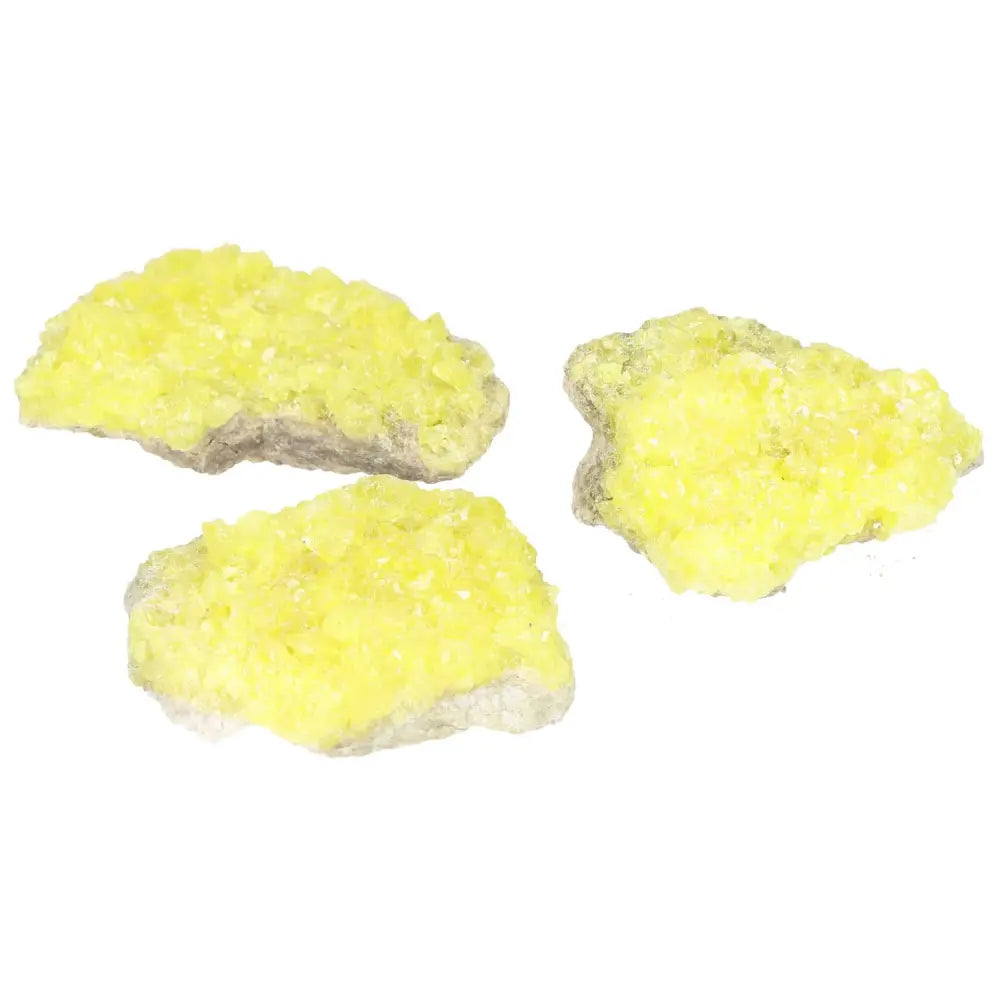 Rough Sulphur Druze M by Sylvia Crystals, vibrant yellow sulfur crystals on a rugged matrix for energy and purification.