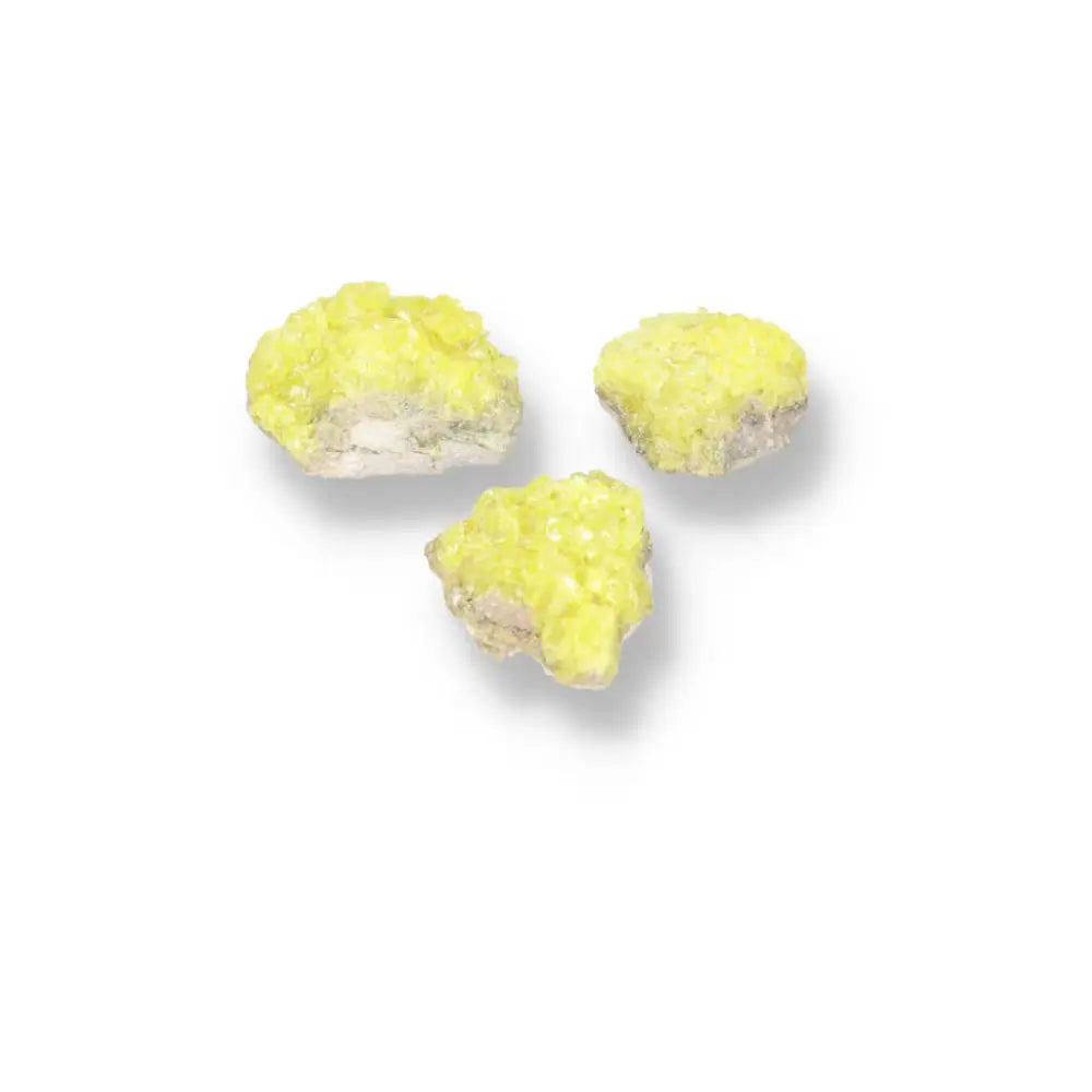 Three Rough Sulphur Druze S crystals from Sylvia Crystals, showcasing vibrant yellow hues and natural forms for energy cleansing and purification.