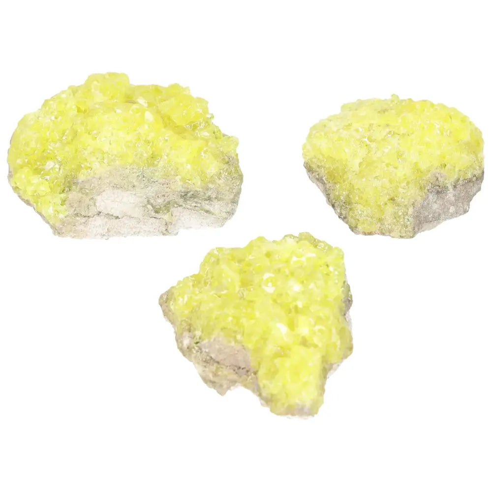 Vibrant Rough Sulphur Druze S crystals with yellow hues, known for high vibrational energy and purification properties.