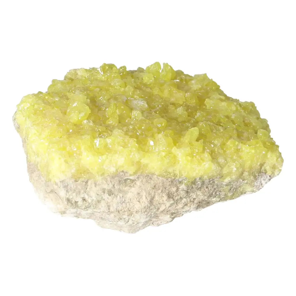 Vibrant yellow Rough Sulphur Druze crystal from Sylvia Crystals, showcasing natural beauty and premium quality.
