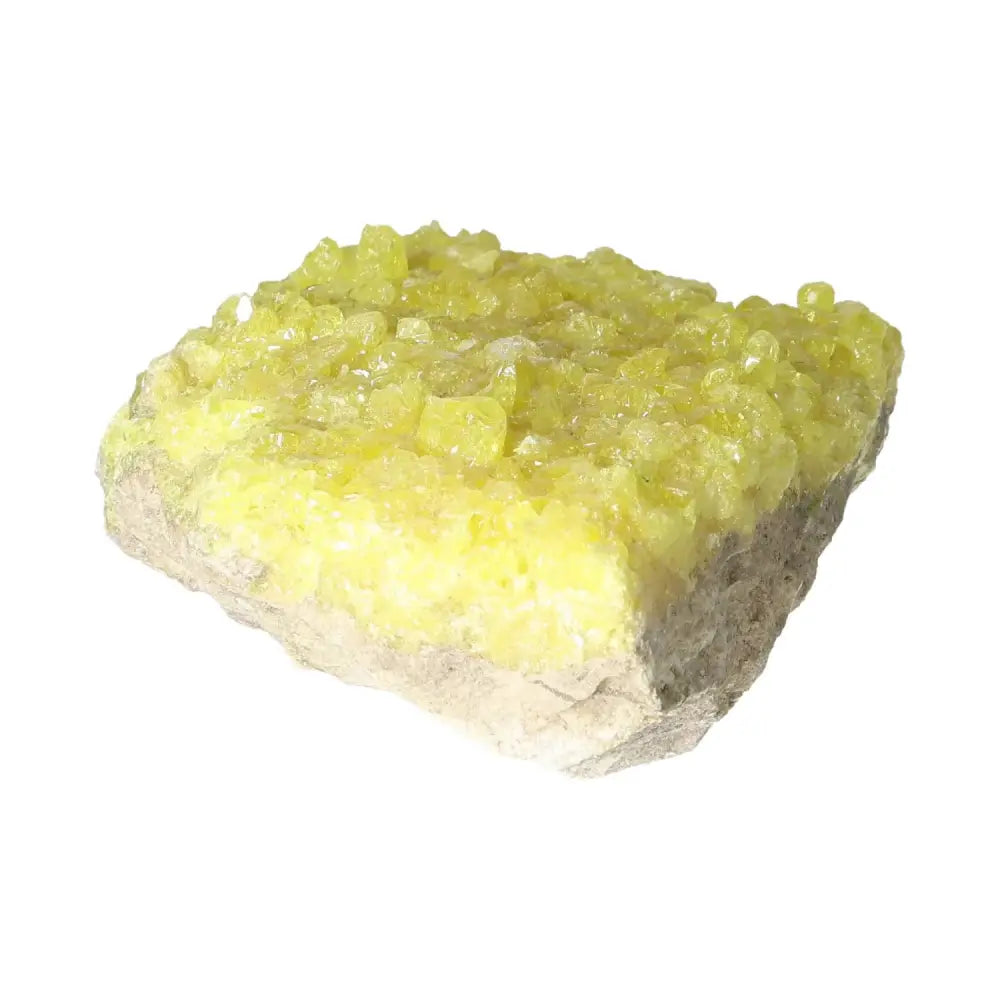 Rough Sulphur Druze crystal with striking yellow hue, premium Sylvia Crystals product showcasing natural beauty and luxury.