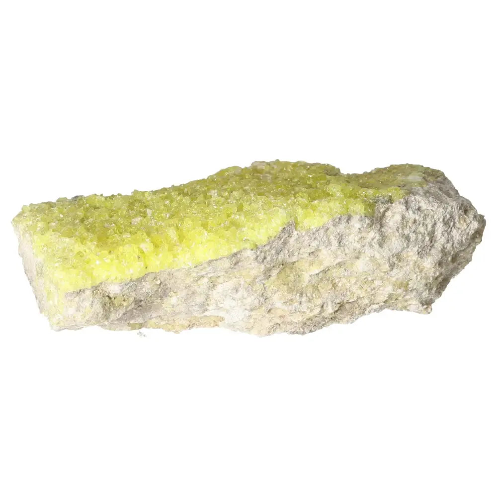 Rough Sulphur Druze crystal displaying vivid yellow hue and intricate formations, handpicked by Sylvia Crystals for premium quality.