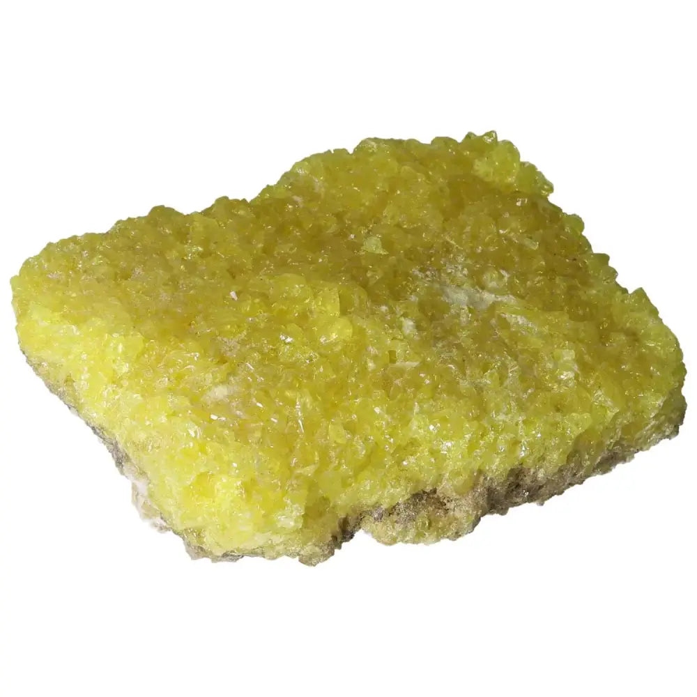 Rough Sulphur Druze with vibrant yellow sulfur crystals from Sylvia Crystals, showcasing intricate formations and natural textures.