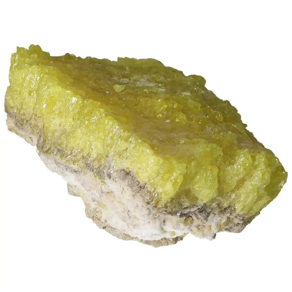 Vibrant yellow Rough Sulphur Druze with intricate formations and natural textures from Sylvia Crystals.