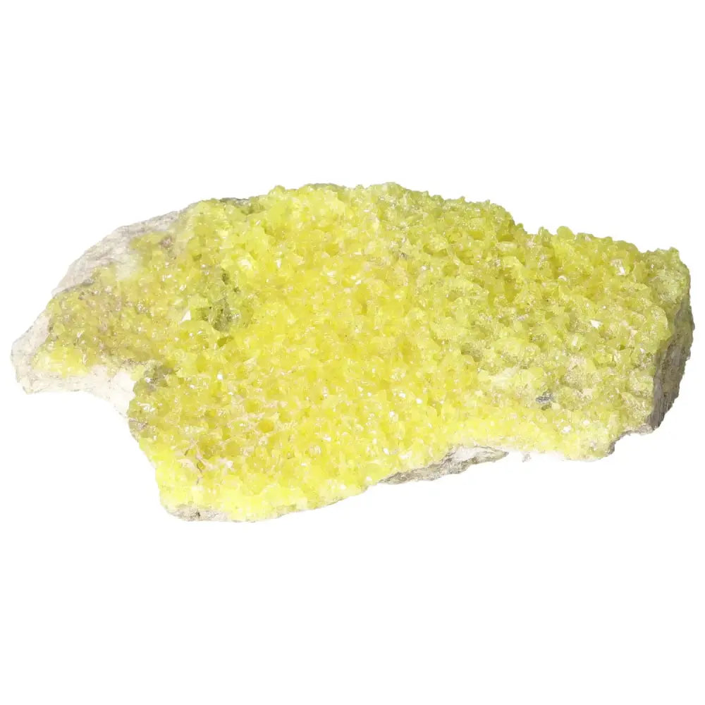 Rough Sulphur Druze crystal with vivid yellow hue from Sylvia Crystals, showcasing intricate crystalline formations.