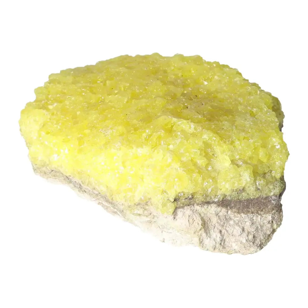 Rough Sulphur Druze mineral specimen with bright yellow crystalline formations by Sylvia Crystals.
