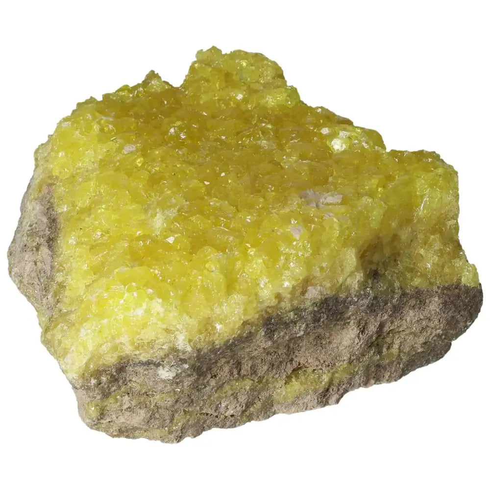 Vibrant yellow Rough Sulphur Druze crystal with natural sparkle from Sylvia Crystals, ideal for collectors and enthusiasts.