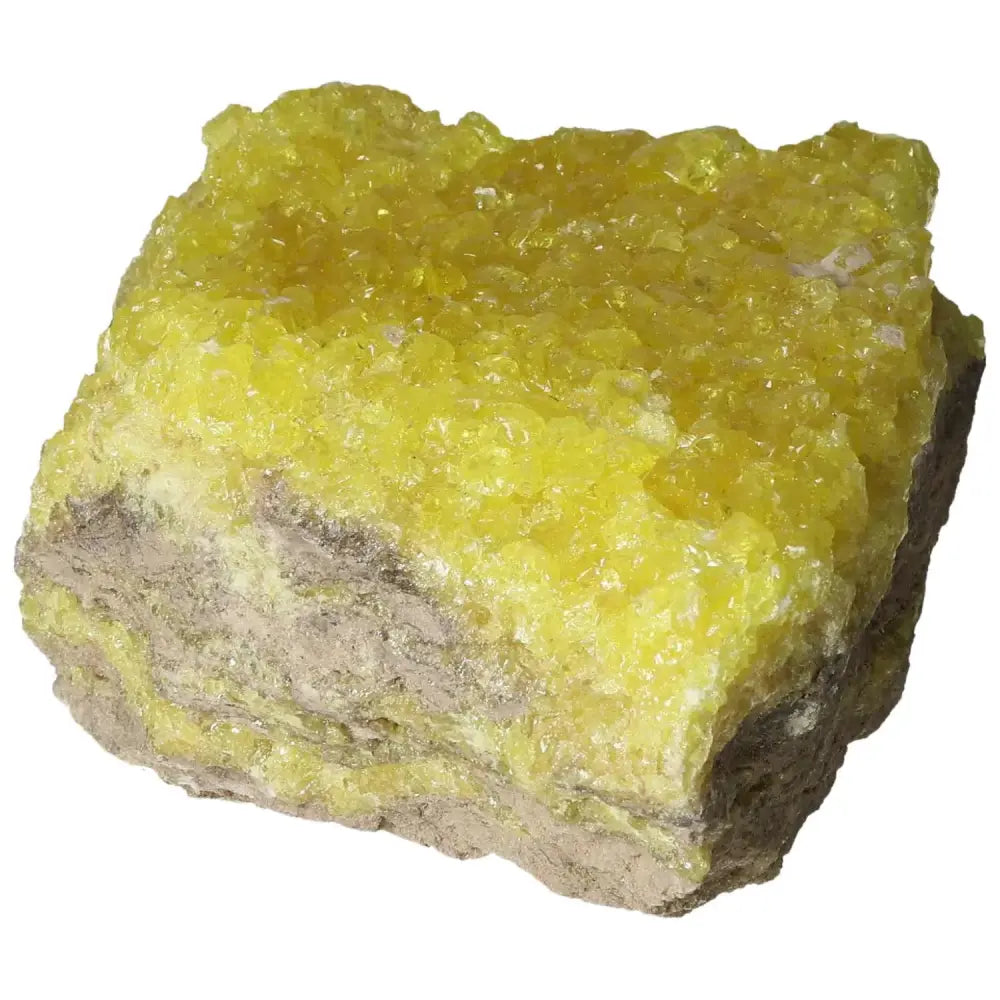 Close-up of Rough Sulphur Druze crystal with vibrant yellow hues and natural druzy sparkle from Sylvia Crystals collection.