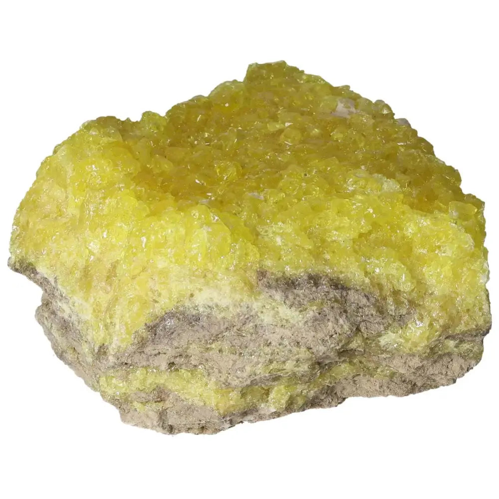 Vibrant yellow Rough Sulphur Druze crystal with natural druzy sparkle, perfect centerpiece for crystal collections from Sylvia Crystals.