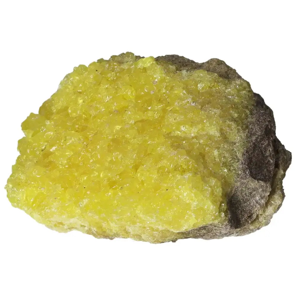 Vibrant yellow Rough Sulphur Druze crystal from Sylvia Crystals, showcasing unique druzy formations and natural artistry.