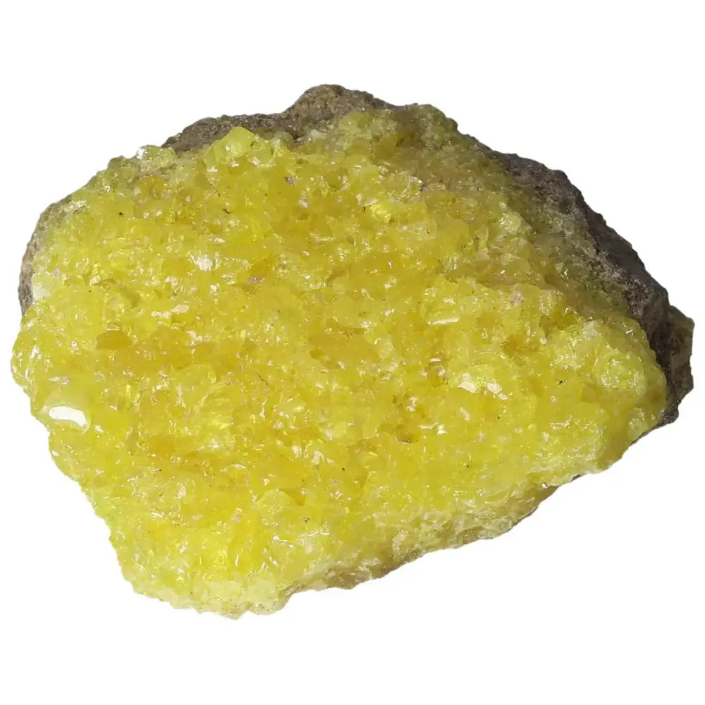 Vibrant yellow Rough Sulphur Druze crystal from Sylvia Crystals, showcasing unique druzy formations and premium quality.