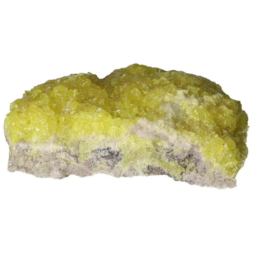 Rough Sulphur Druze crystal featuring bright yellow formations, perfect for collectors of unique mineral specimens.