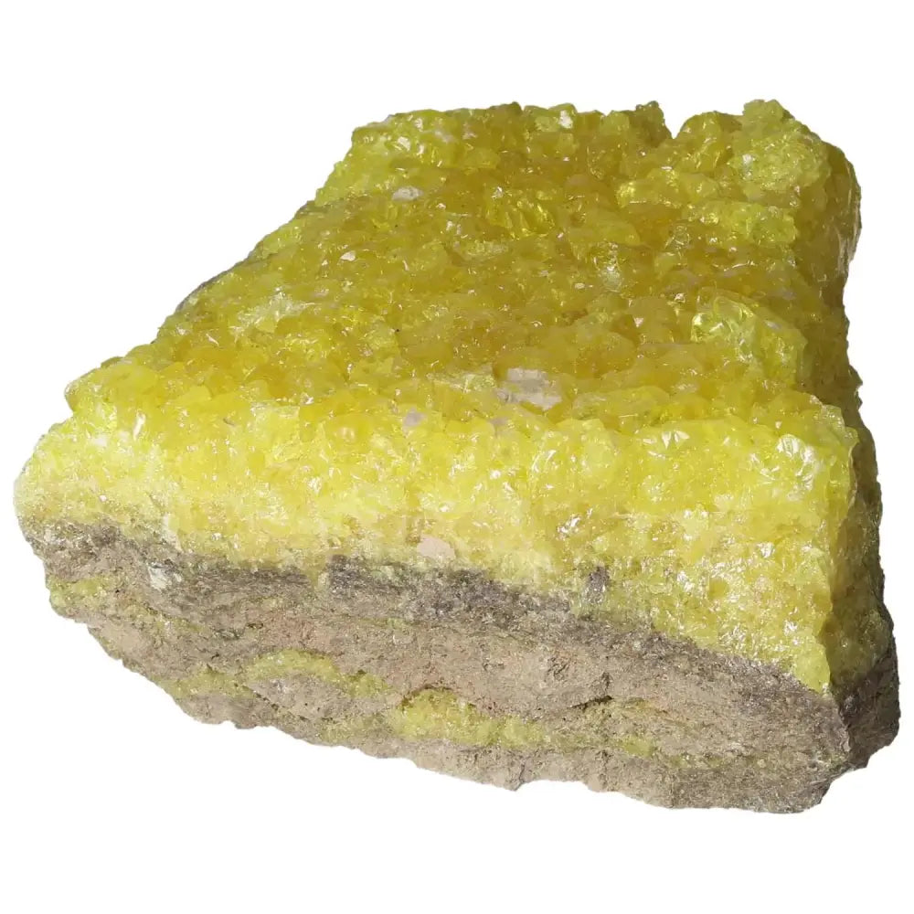 Rough Sulphur Druze with vibrant yellow hues, a premium crystal from Sylvia Crystals, perfect centerpiece for collectors.