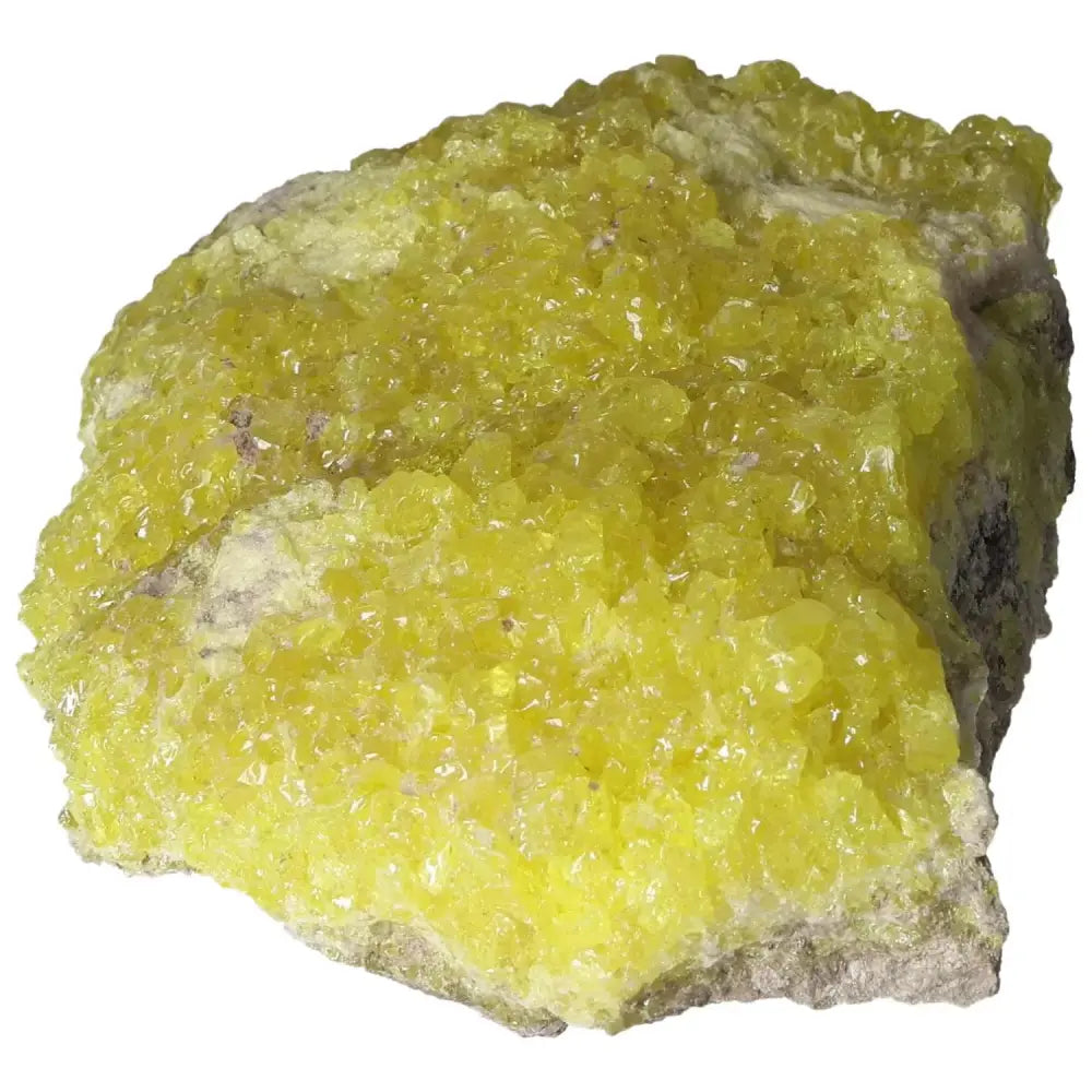 Bright yellow Rough Sulphur Druze crystal with intricate formations from Sylvia Crystals, showcasing Earth's geological beauty.