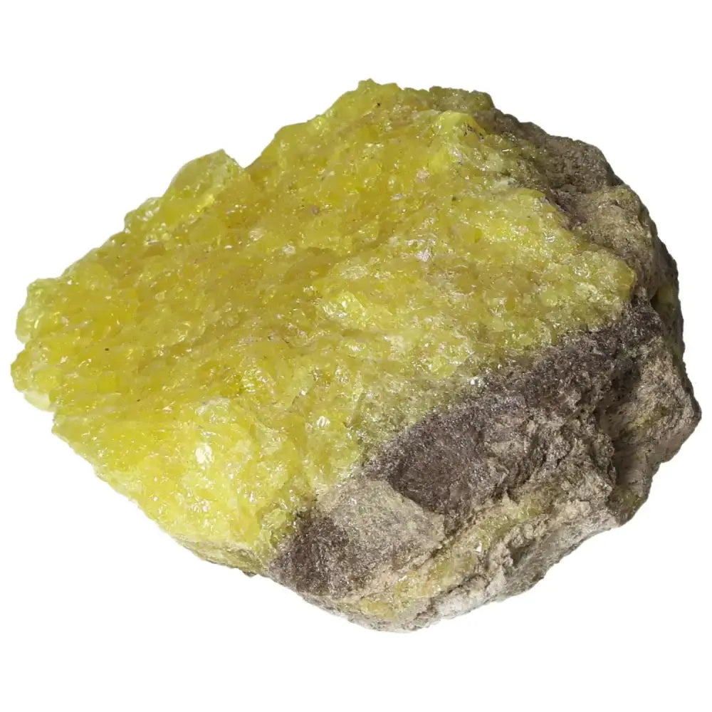 Vibrant yellow Rough Sulphur Druze crystal with unique druzy formations from Sylvia Crystals.