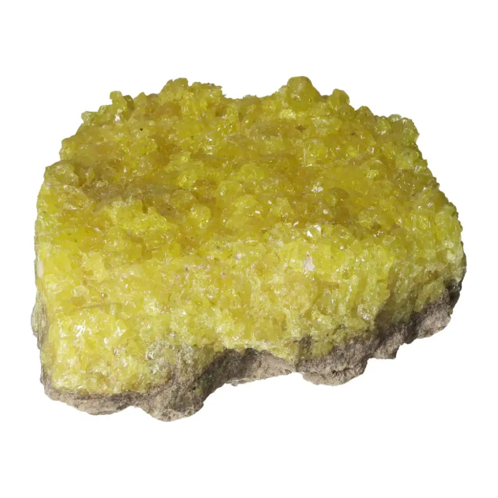 Rough Sulphur Druze with vibrant yellow crystals showcasing powerful cleansing abilities, from Sylvia Crystals.