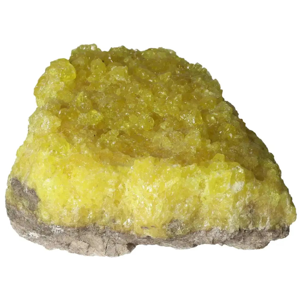 Rough Sulphur Druze with vibrant yellow crystals from Sylvia Crystals, known for its powerful cleansing properties and premium quality.