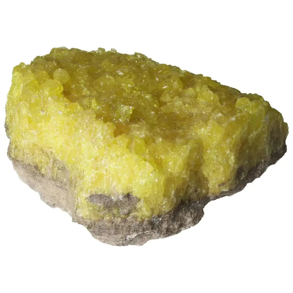 Vibrant yellow Rough Sulphur Druze mineral showcasing exceptional clarity and cleansing properties, offered by Sylvia Crystals.