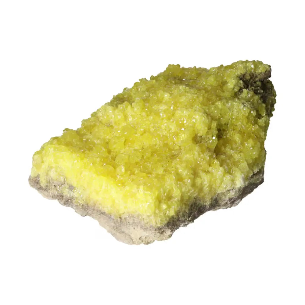 Bright yellow Rough Sulphur Druze with intricate crystal formations from Sylvia Crystals, showcasing natural beauty and luxury.