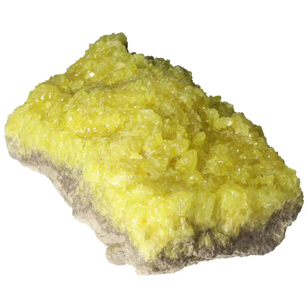 Rough Sulphur Druze with vibrant yellow crystals, premium mineral from Sylvia Crystals, showcasing natural artistry and luxury.