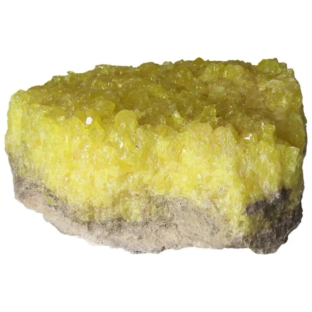 Rough Sulphur Druze with vibrant yellow crystals, premium mineral from Sylvia Crystals known for cleansing abilities.
