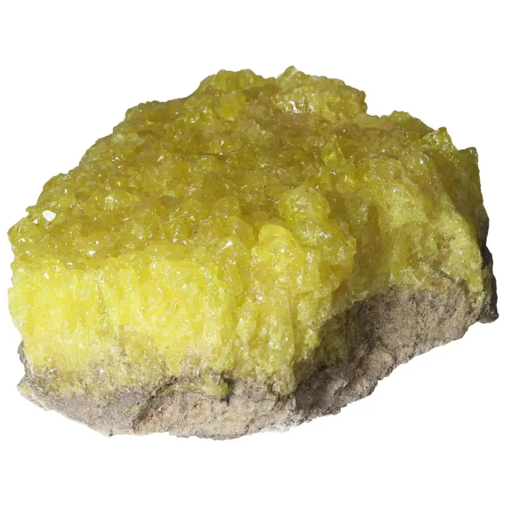 Rough Sulphur Druze mineral with vibrant yellow crystals from Sylvia Crystals, known for cleansing properties and premium quality.