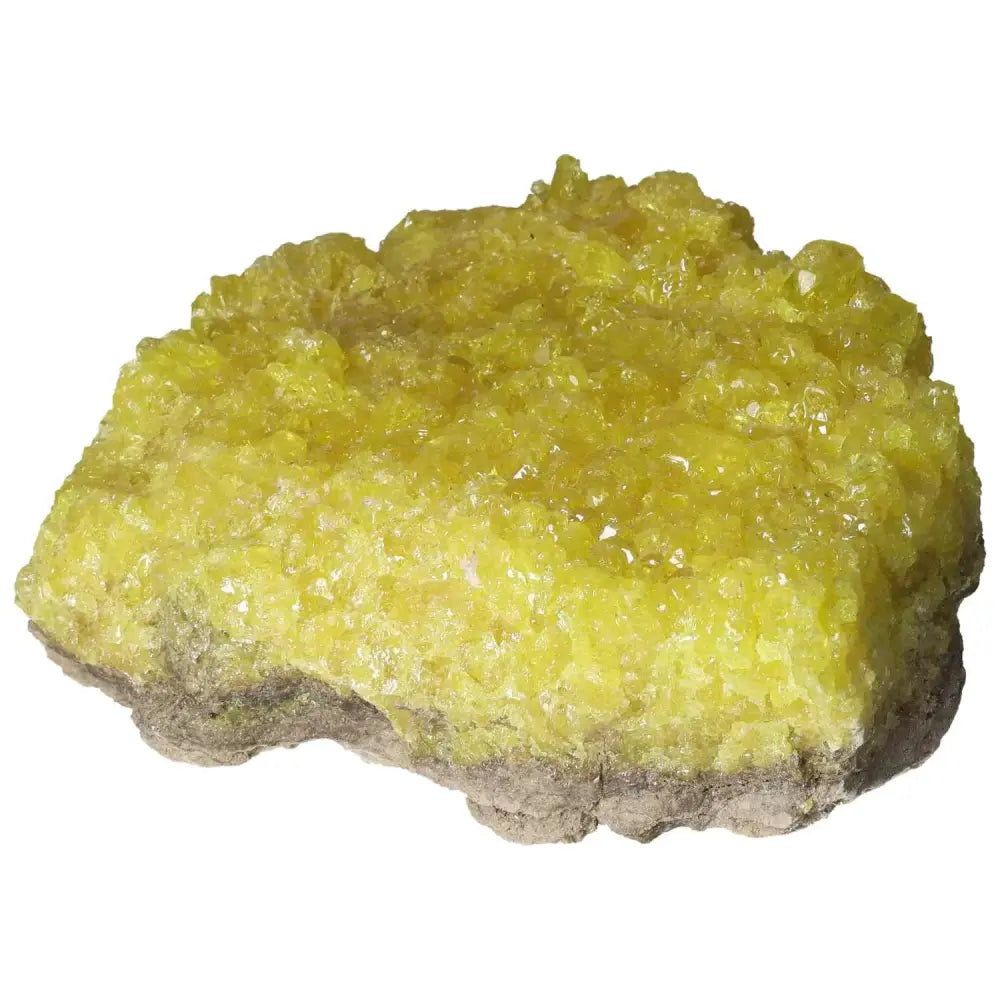 Vibrant yellow Rough Sulphur Druze mineral from Sylvia Crystals, known for its cleansing properties and exceptional quality.