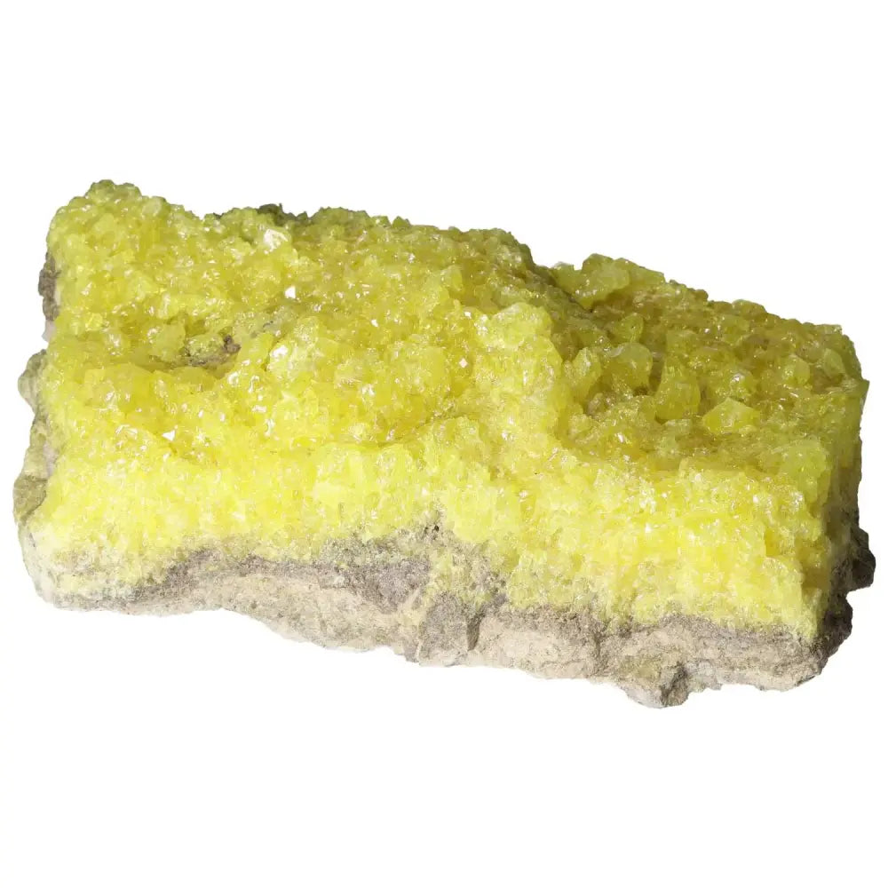 Rough Sulphur Druze with vibrant yellow hues and intricate crystal formations, a luxury mineral specimen from Sylvia Crystals.